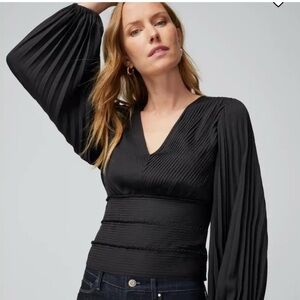 White House Black Market Like NEW Black Pleated V-Neck Pin-tucked Banded Blouse